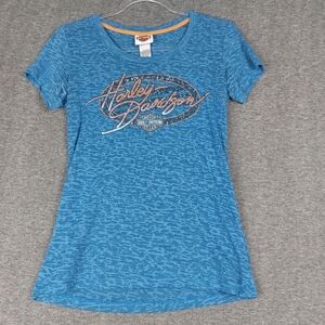 HARLEY DAVIDSON EDINBURGH SCOTLAND WOMEN BLUE BURNOUT RHINESTONE GRAPHIC TSHIRT